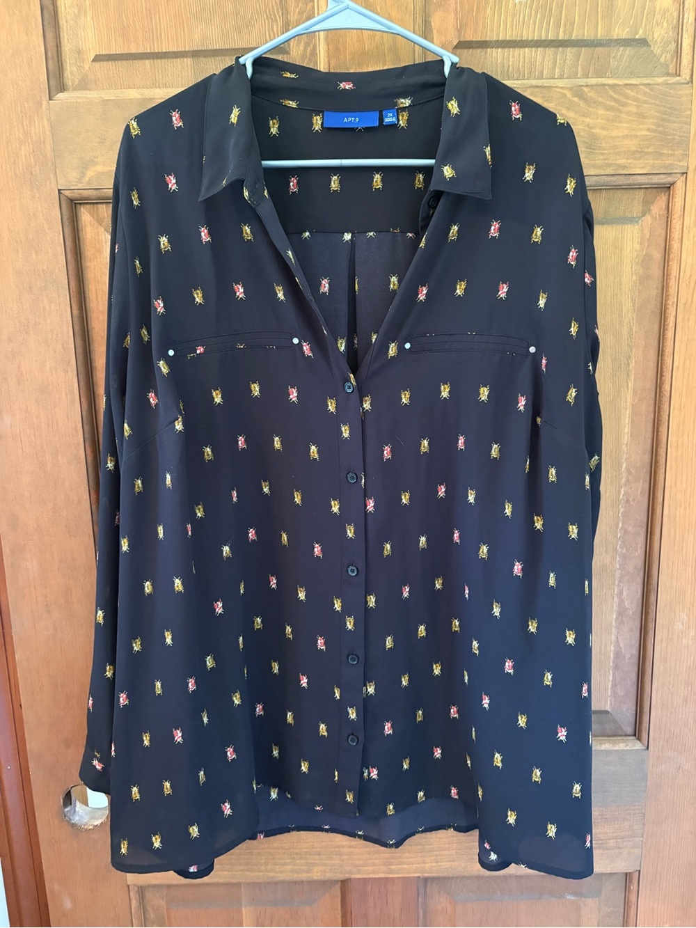 Apt. 9 Black Button-Front Blouse with Yellow & Pink Beetle Motif